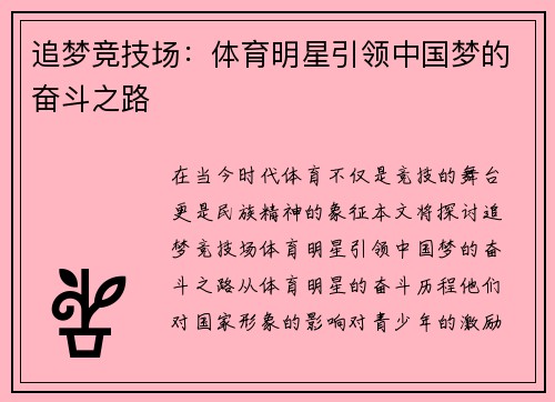 追梦竞技场：体育明星引领中国梦的奋斗之路